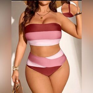 SHEIN Pink and Red Bandeau Bikini